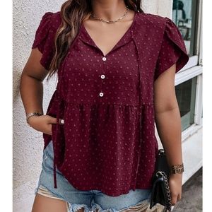 Plus Swiss Dot Button Neck Tie Puff Sleeve Blouse